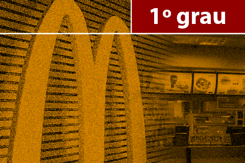 Ilustração com o símbolo da Mc Donalds e texto &quot;1º grau&quot;