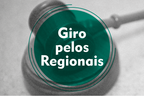 Ilustração com um martelo de juiz e texto &quot;Giro pelos Regionais&quot;