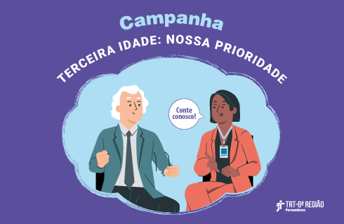  nossa prioridade&quot;. Abaixo ilustração de homem de cabelo branco conversando com uma servidora