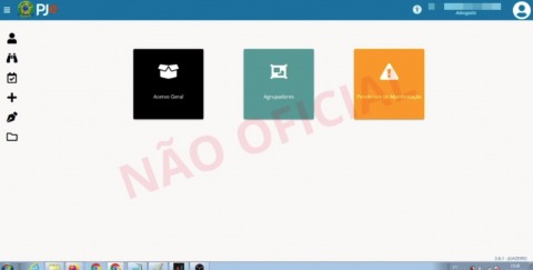 Print screen da tela do PJe, com três caixas em cores diferenres, sendo &quot;acervo geral&quot;, &quot;agrupadores&quot; e &quot;pendentes de administração&quot;